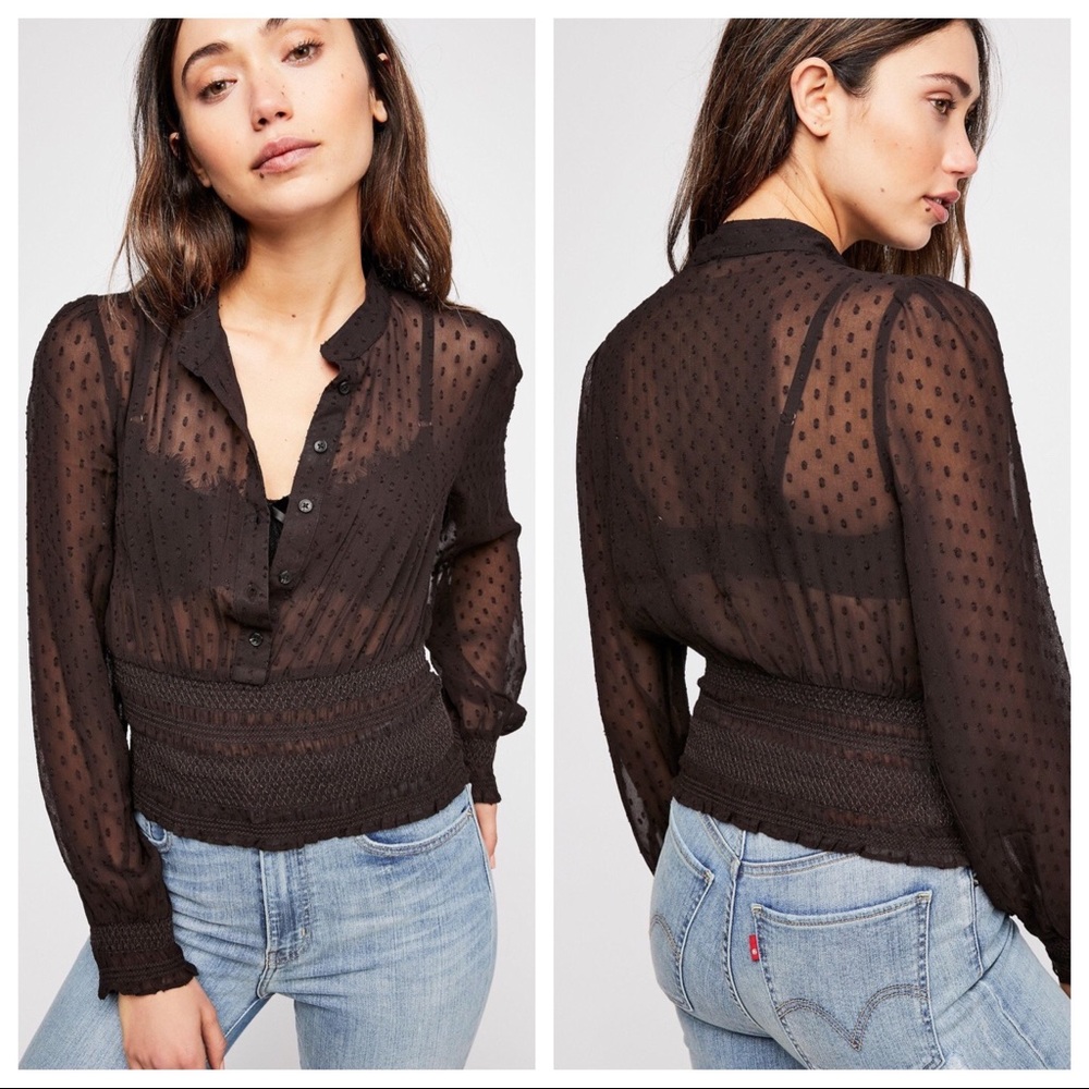 Free People Crystal Clear Black Button Down Top S